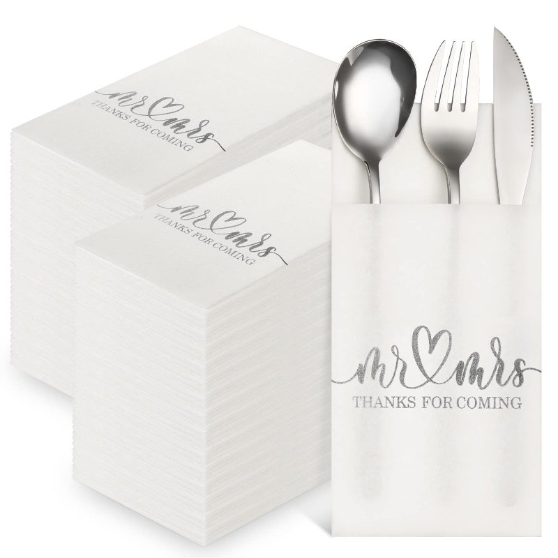 Panelee 100 Pcs Wedding Napkins with Builtin Flatware Pocket Mr and Mrs Personalized Napkins Linen Feel Disposable Dinner Supplies for Wedding Reception Bridal Shower Party DecorSilver